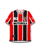 Sao Paulo FC 2000 away jersey with red and black vertical stripes and Motorola sponsor branding