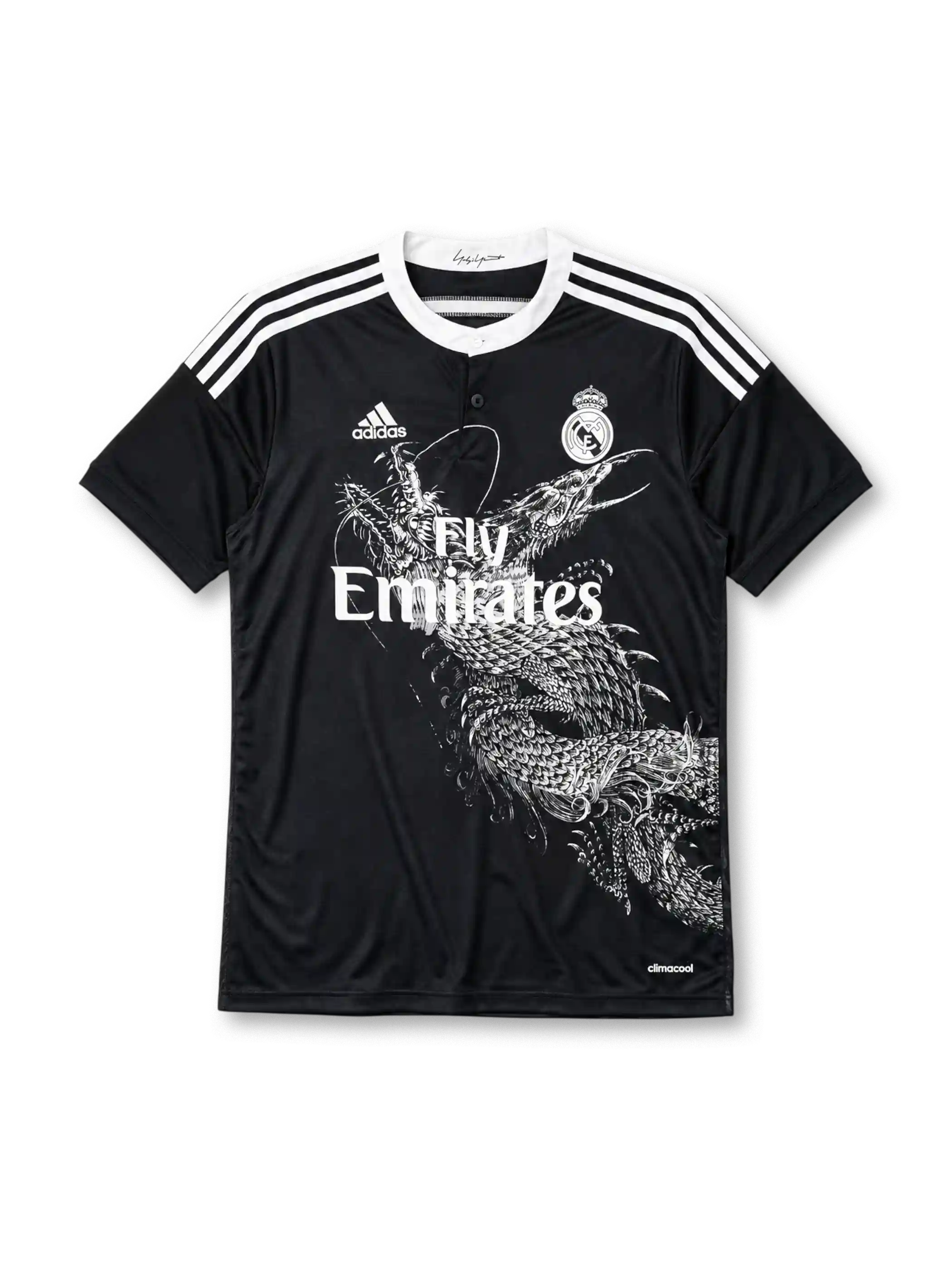 Real Madrid 2014/15 Yohji Yamamoto third jersey in black with white dragon graphic and Fly Emirates branding