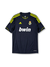 Real Madrid 2012/13 away jersey in navy with neon yellow adidas stripes and bwin sponsor branding