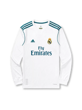 Real Madrid 2017/18 long sleeve home jersey in white with teal adidas trim and Fly Emirates branding