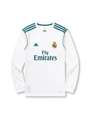 Real Madrid 2017/18 long sleeve home jersey in white with teal adidas trim and Fly Emirates branding