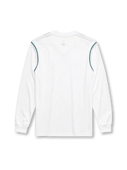 Real Madrid 2017/18 long sleeve home jersey in white with teal adidas trim and Fly Emirates branding