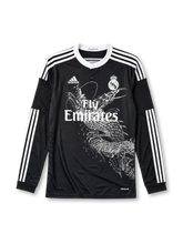 Real Madrid 2014/15 Yohji Yamamoto long sleeve third jersey in black with white dragon graphic and Fly Emirates branding