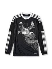 Real Madrid 2014/15 Yohji Yamamoto long sleeve third jersey in black with white dragon graphic and Fly Emirates branding