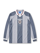 England 1996 away long sleeve jersey with grey vertical panels and Three Lions crest