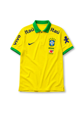 Brazil 2022 polo shirt in yellow with green trim, Vivo and Itaú sponsor branding, and CBF crest