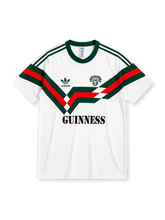 Cork City FC 1988/89 home jersey in white with green and red chevron design and Guinness branding