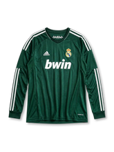 Real Madrid 2012/13 third long sleeve jersey in dark green with white adidas stripes and 110th anniversary detail