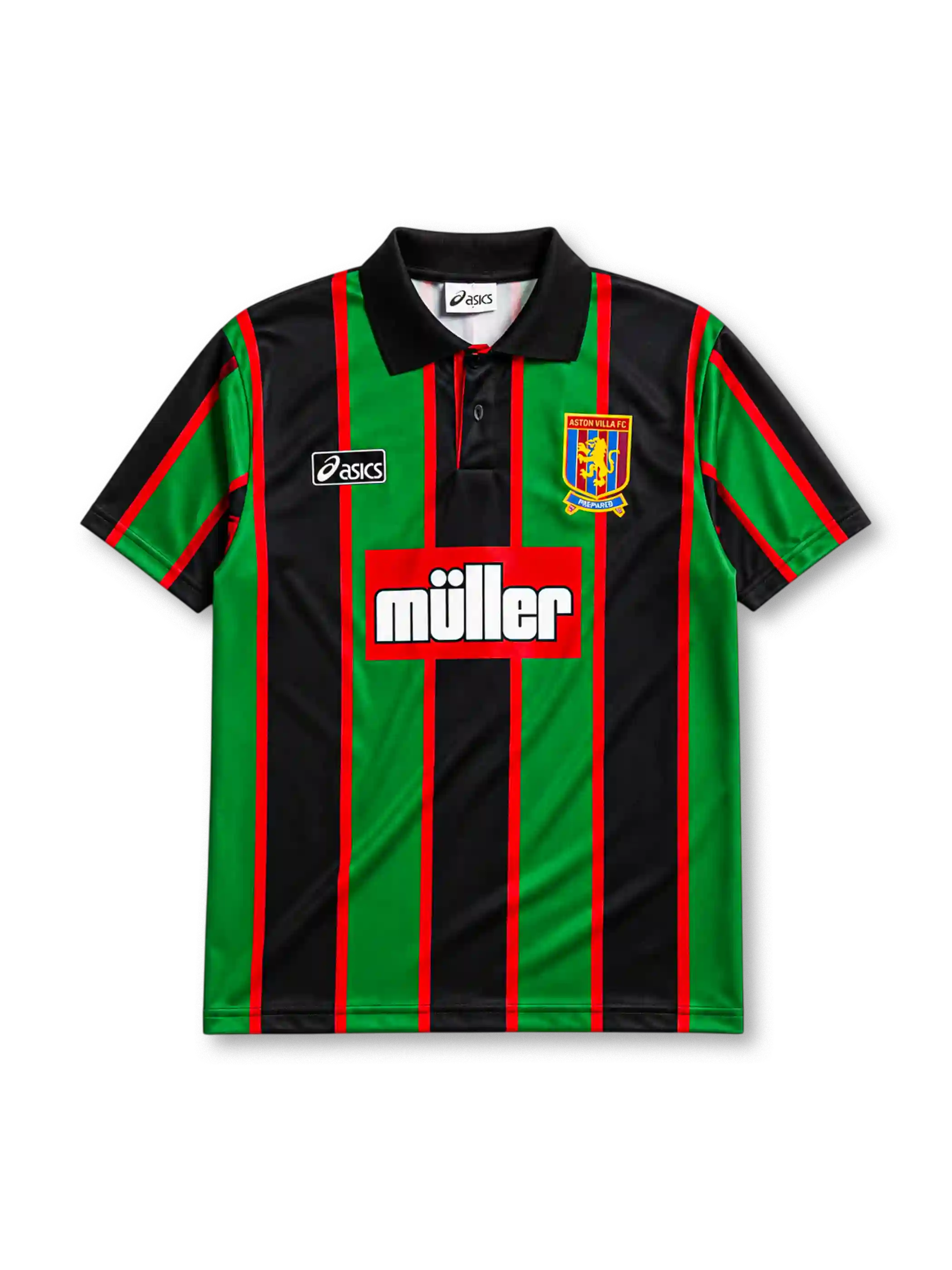Aston Villa 1993/95 away jersey in green and black stripes with Müller sponsor branding