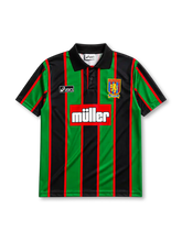 Aston Villa 1993/95 away jersey in green and black stripes with Müller sponsor branding