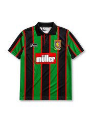 Aston Villa 1993/95 away jersey in green and black stripes with Müller sponsor branding