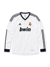 Real Madrid 2012/13 home long sleeve jersey in white with navy adidas stripes and bwin sponsor branding