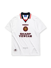 Manchester United 1996/97 away jersey in white with circular crest and Sharp Viewcam branding