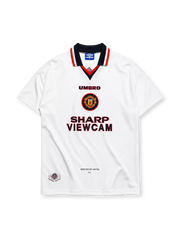 Manchester United 1996/97 away jersey in white with circular crest and Sharp Viewcam branding