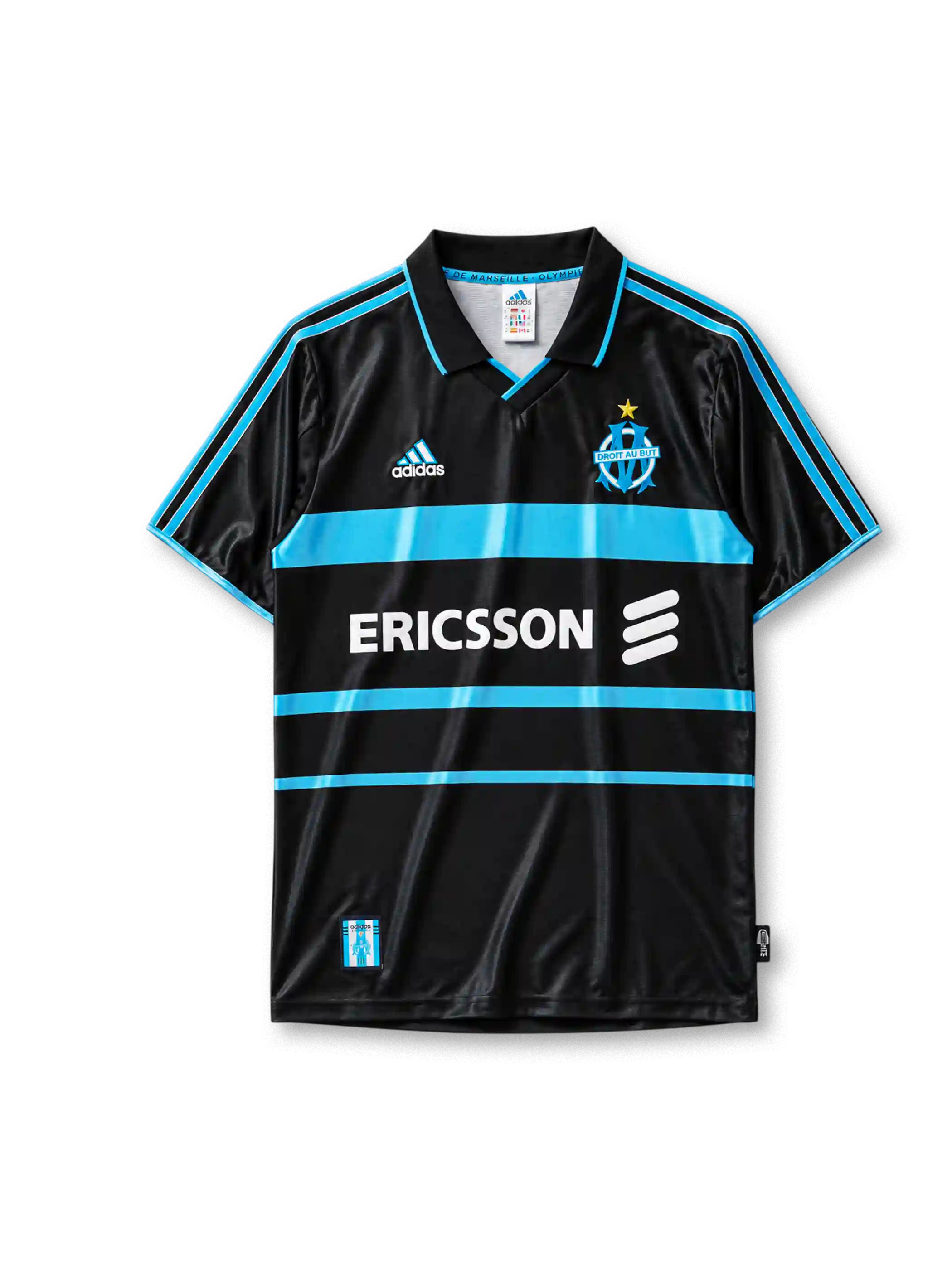 Olympique Marseille 1999/2000 third jersey in black with sky blue horizontal bands and Ericsson branding
