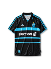 Olympique Marseille 1999/2000 third jersey in black with sky blue horizontal bands and Ericsson branding
