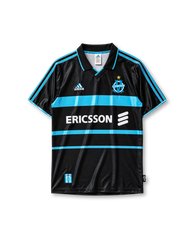 Olympique Marseille 1999/2000 third jersey in black with sky blue horizontal bands and Ericsson branding