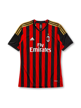 AC Milan 2013/14 home jersey in red and black stripes with gold adidas shoulder detailing and Fly Emirates branding