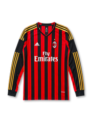AC Milan 2013/14 home long sleeve jersey in red and black stripes with gold adidas sleeve detailing and Fly Emirates branding