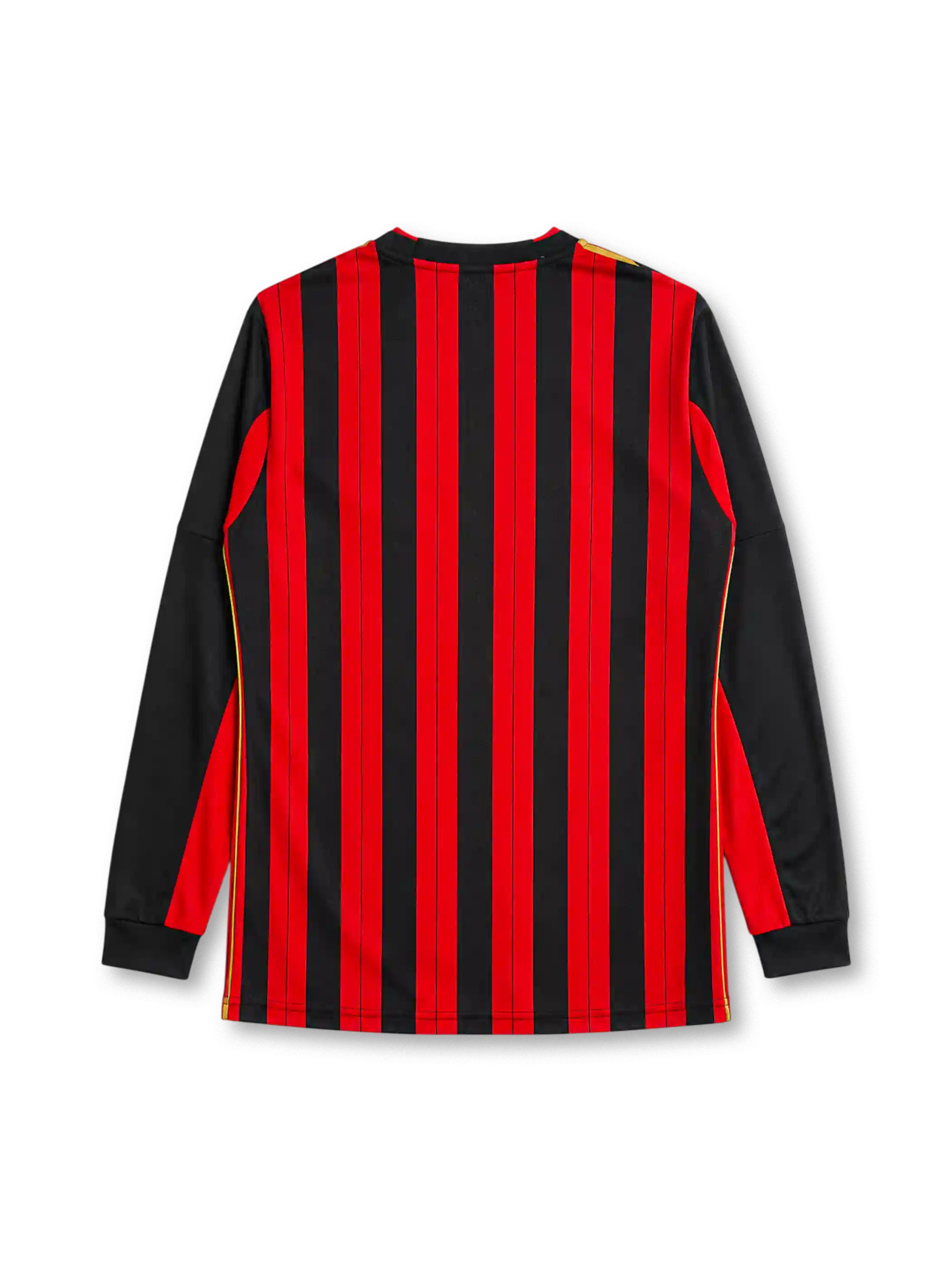 AC Milan 2013/14 home long sleeve jersey in red and black stripes with gold adidas sleeve detailing and Fly Emirates branding