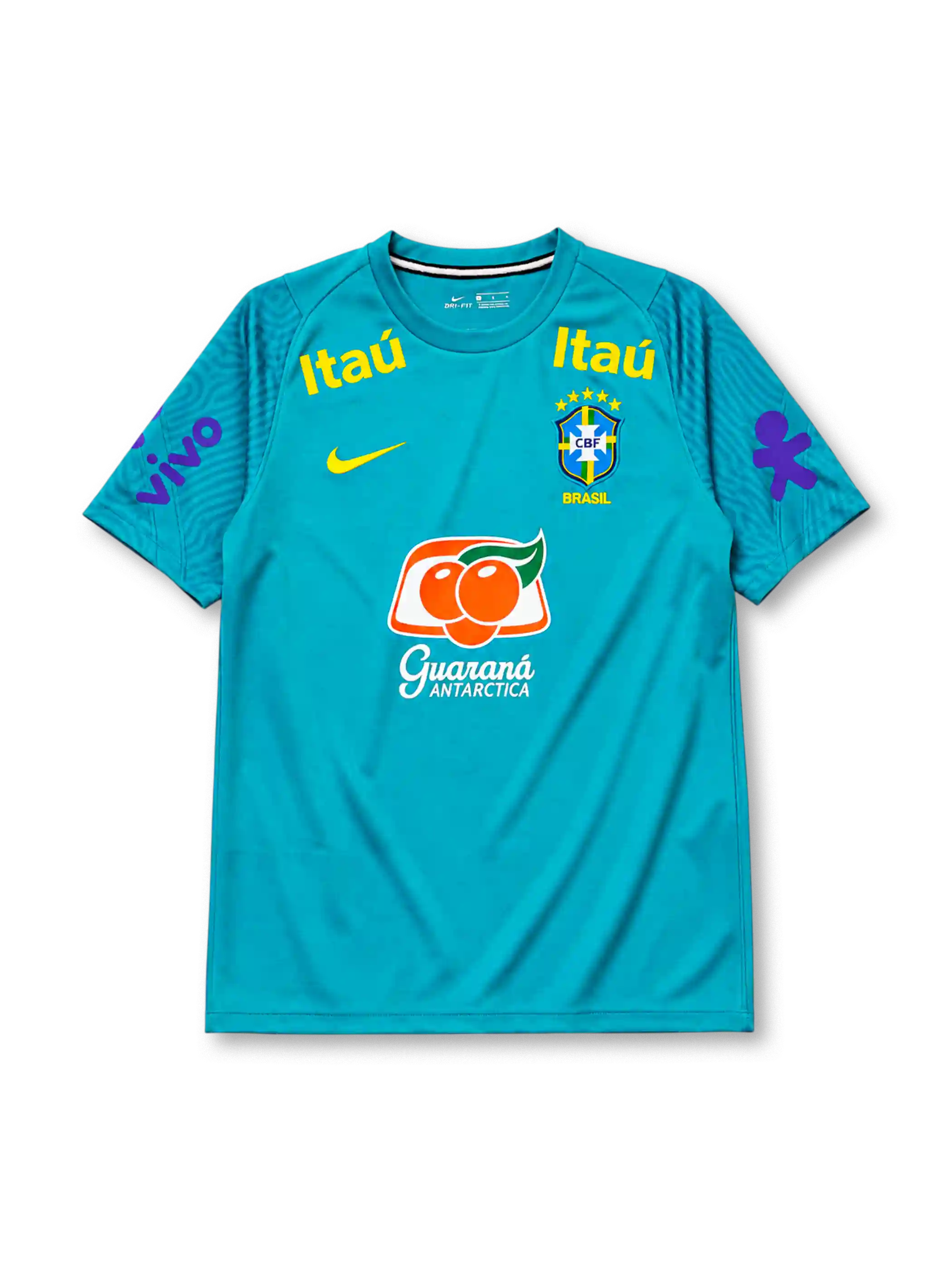 Brazil 2021 training jersey in teal with Itaú and Vivo sponsor branding and CBF crest
