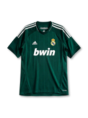 Real Madrid 2012/13 third jersey in dark green with white adidas stripes and 110th anniversary detail