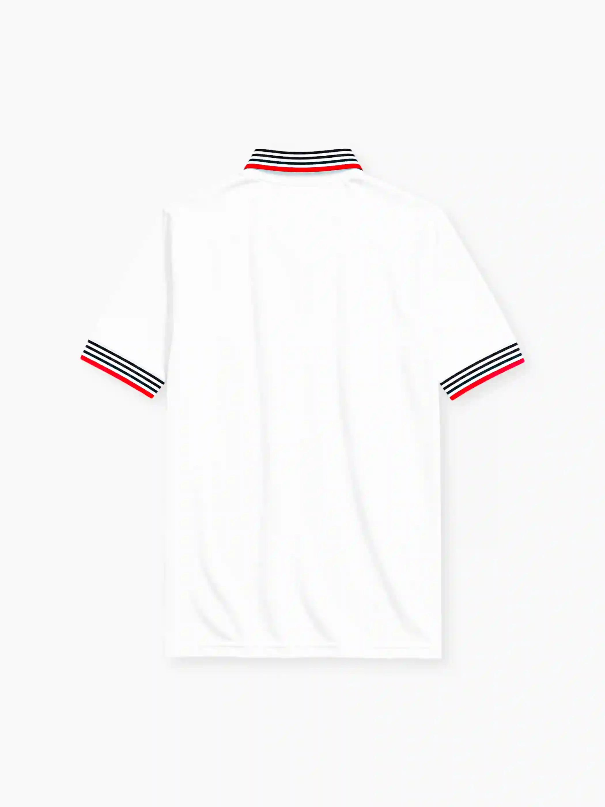 Manchester United 1975-80 away jersey in white with bold black vertical triple stripe