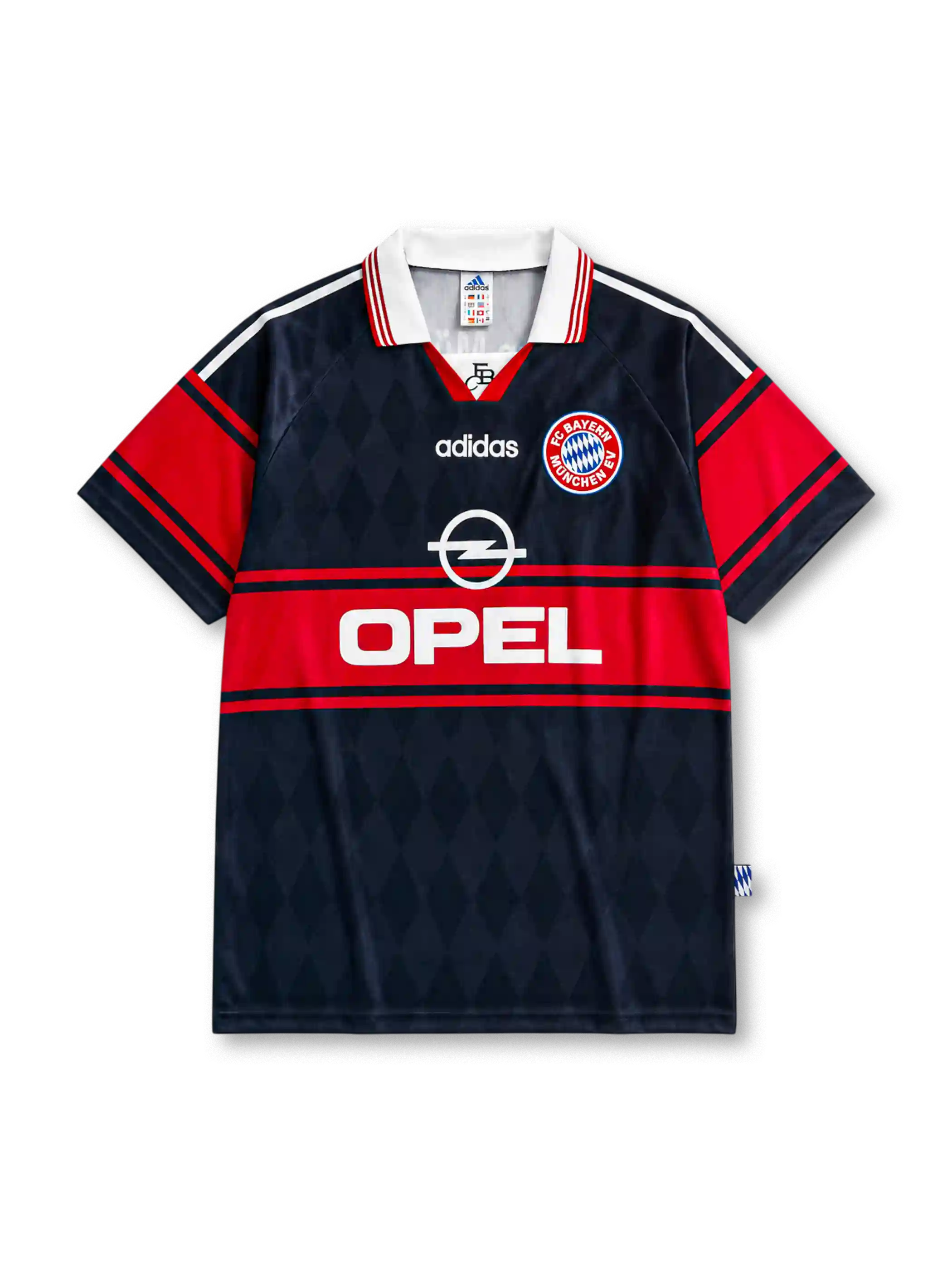 Bayern Munich 1997-99 home jersey in navy with diamond pattern texture and Opel sponsor branding