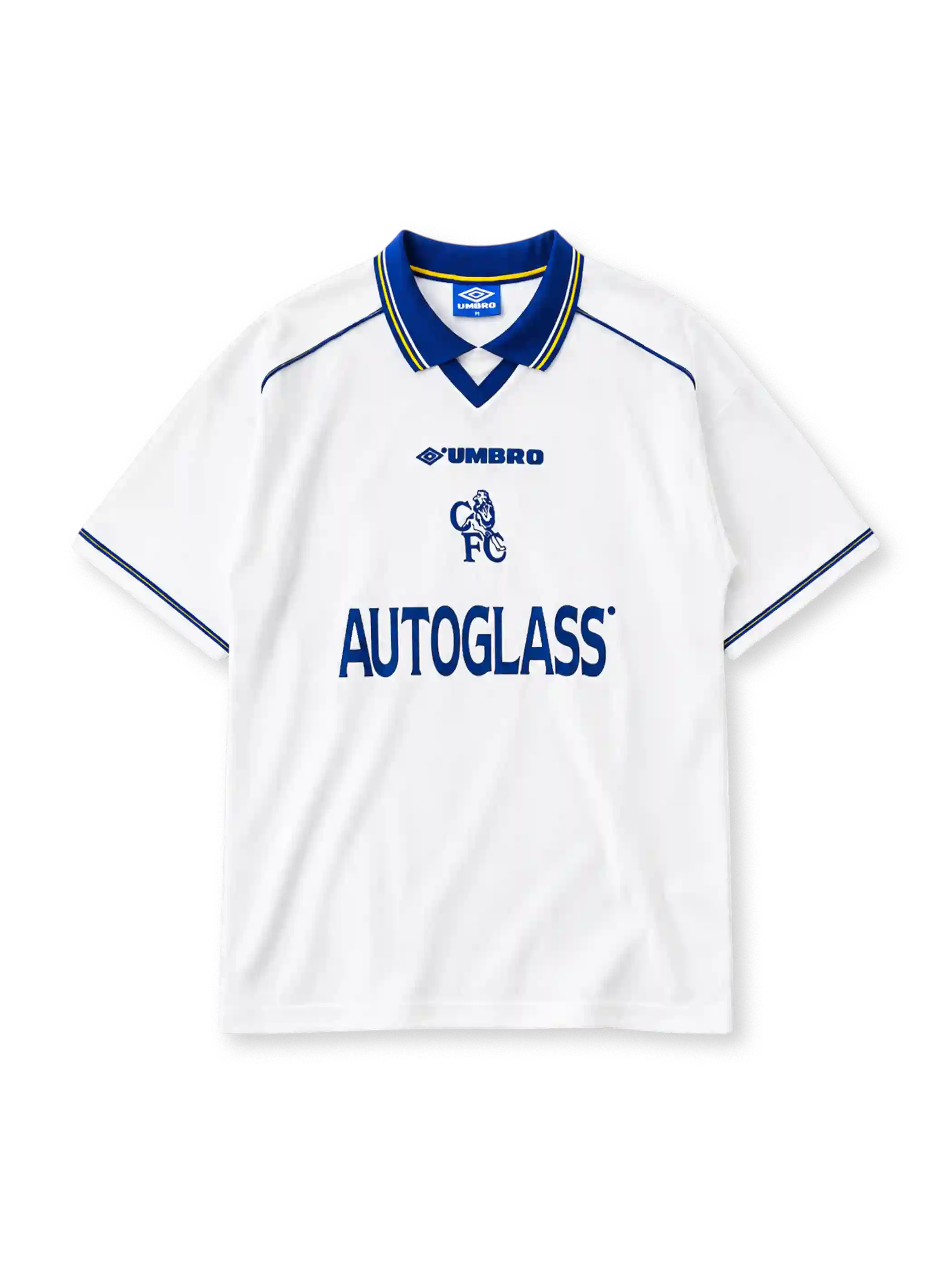 Chelsea 1998-2000 away jersey in white with blue and yellow trim and Autoglass sponsor branding
