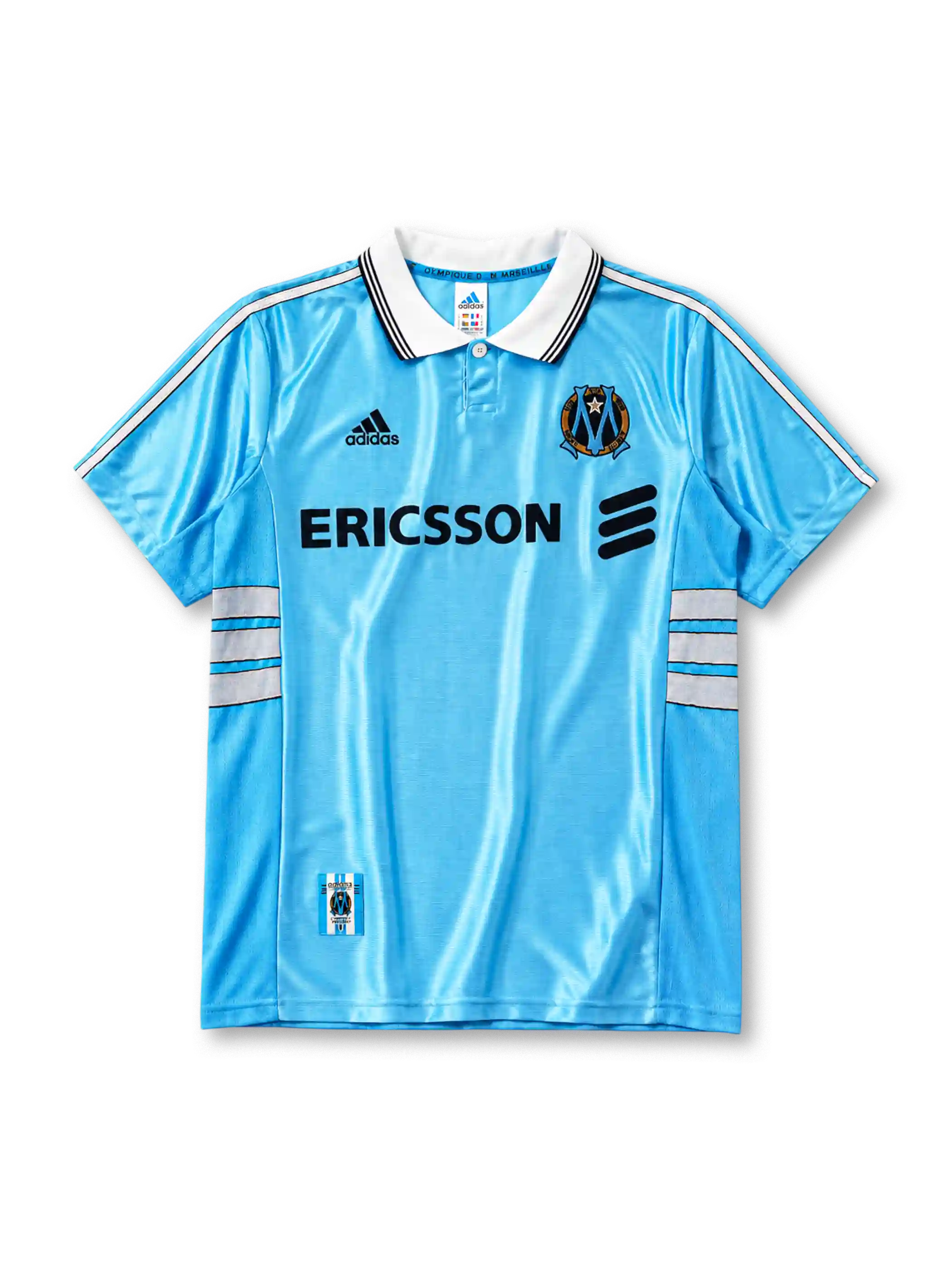 Olympique Marseille 1998/99 away jersey in sky blue with white stripe detailing and Ericsson branding
