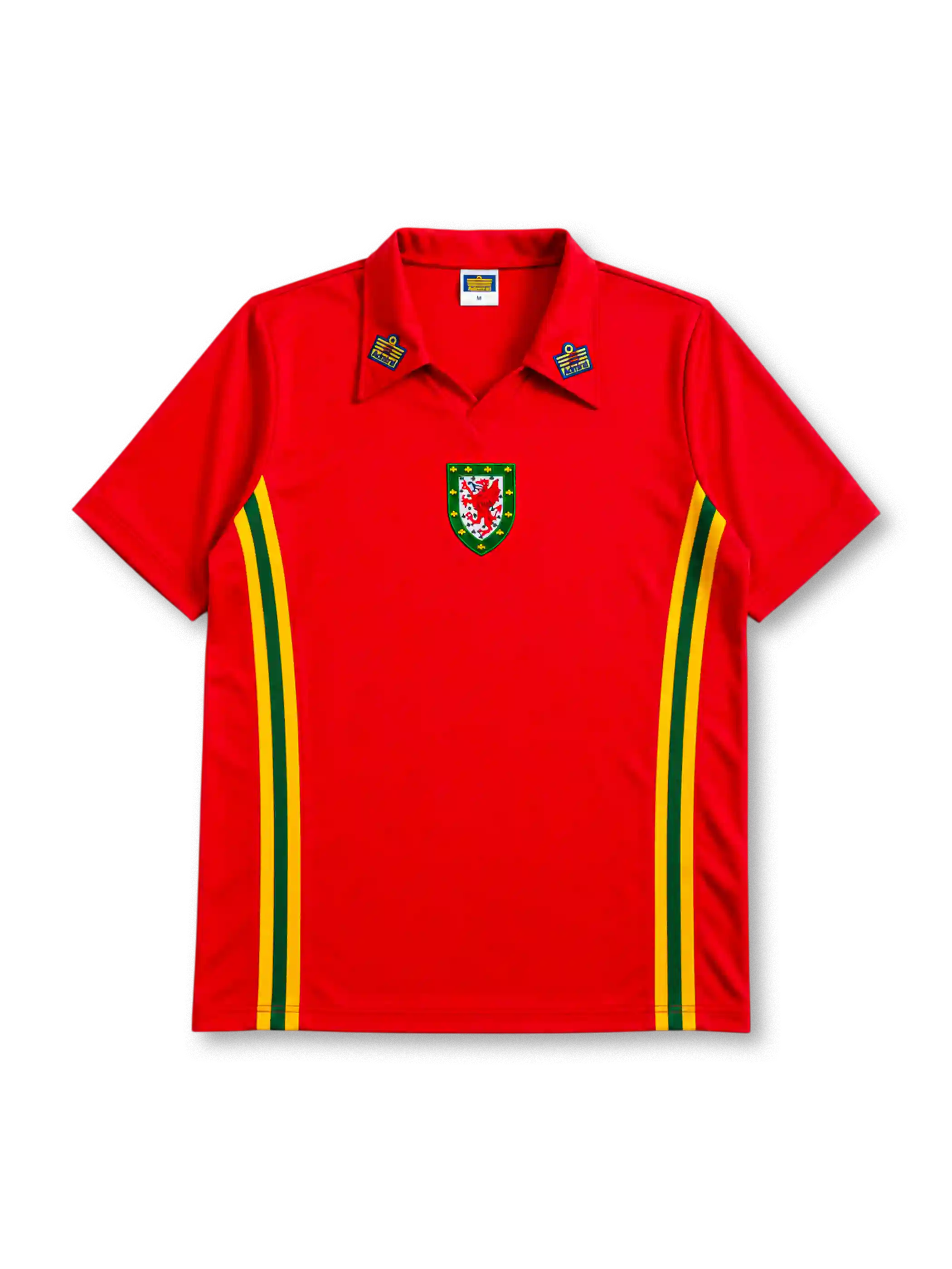 Wales 1976-79 home jersey in red with green and yellow side stripes and dual shoulder badges