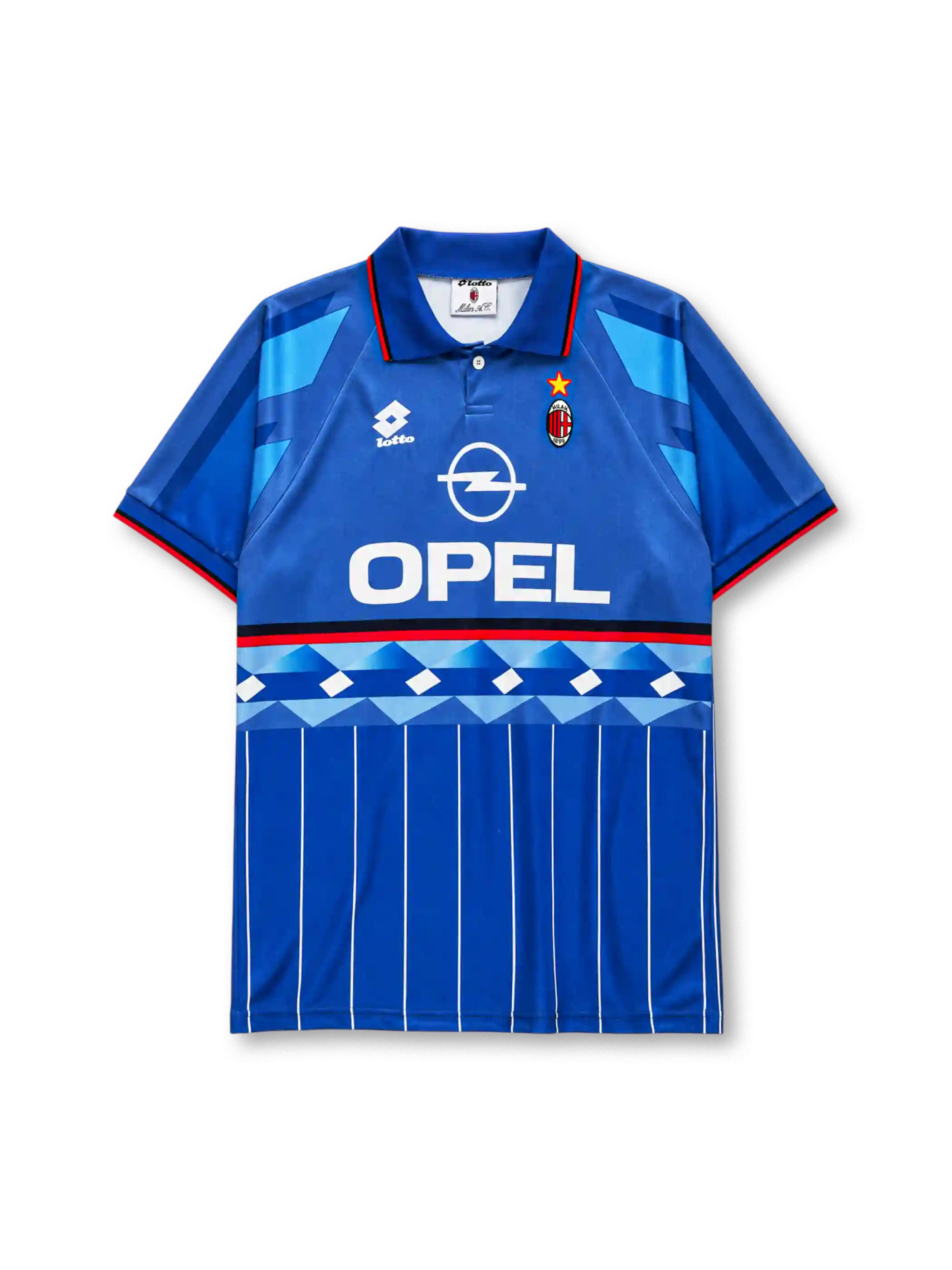 AC Milan 1995/96 third jersey in blue with geometric diamond pattern and Opel sponsor branding