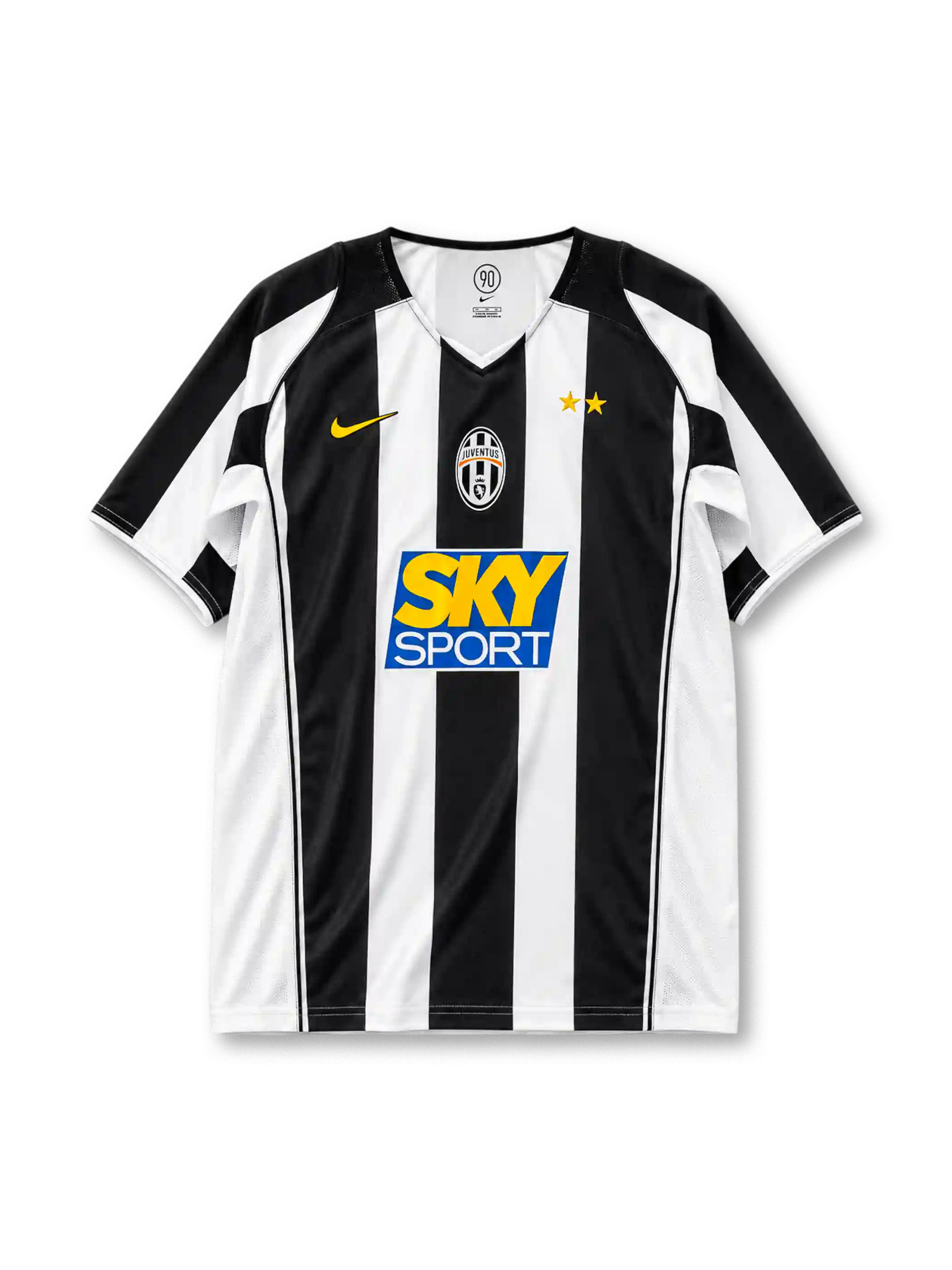 Juventus 2004/05 home jersey in black and white stripes with Sky Sport sponsor branding