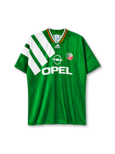 Republic of Ireland 1992-94 home jersey in green with bold white diagonal stripes and Opel branding