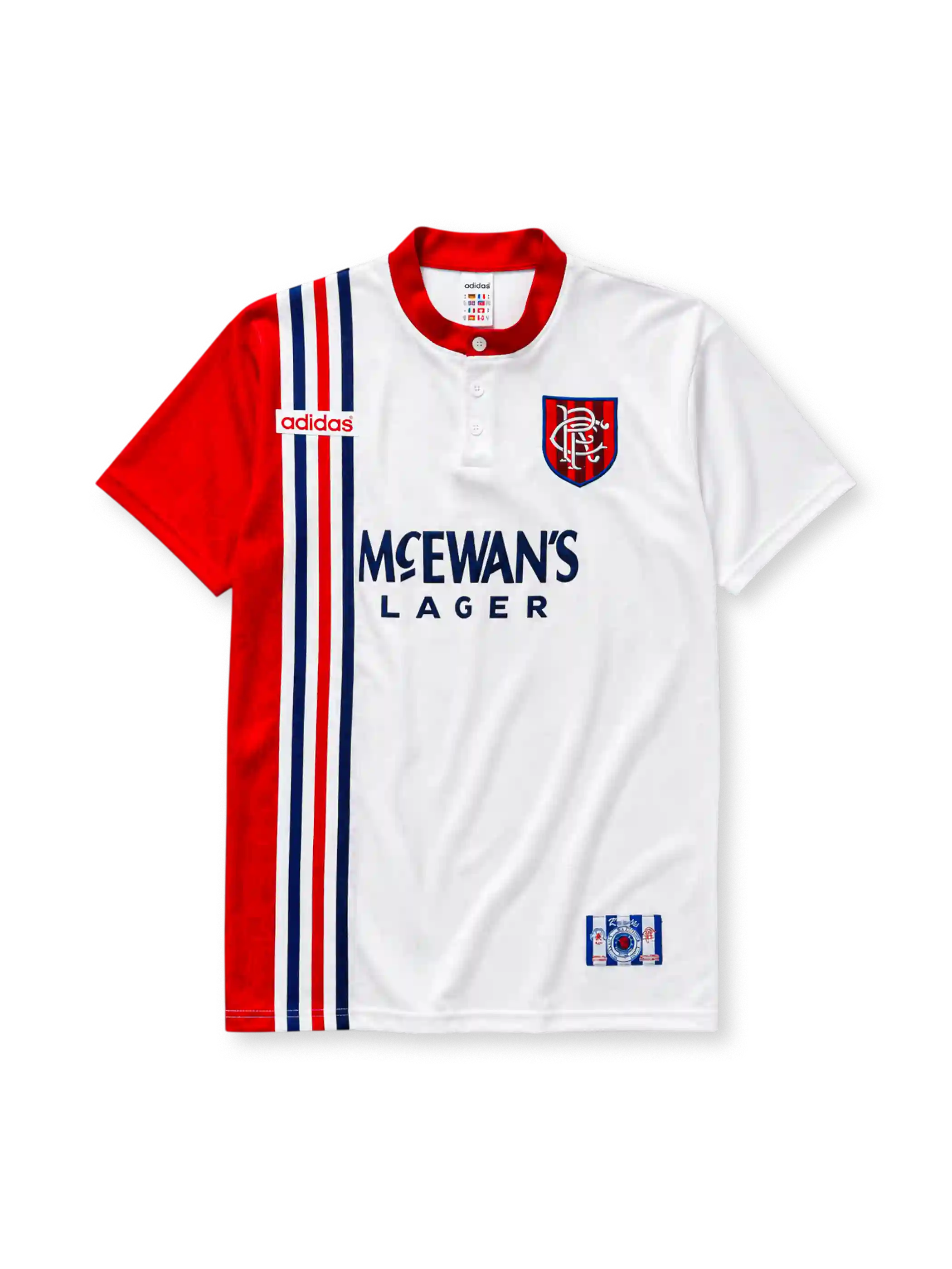 Rangers FC 1996/97 away jersey in white with contrasting red sleeve and McEwan's Lager sponsor branding