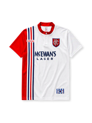Rangers FC 1996/97 away jersey in white with contrasting red sleeve and McEwan's Lager sponsor branding