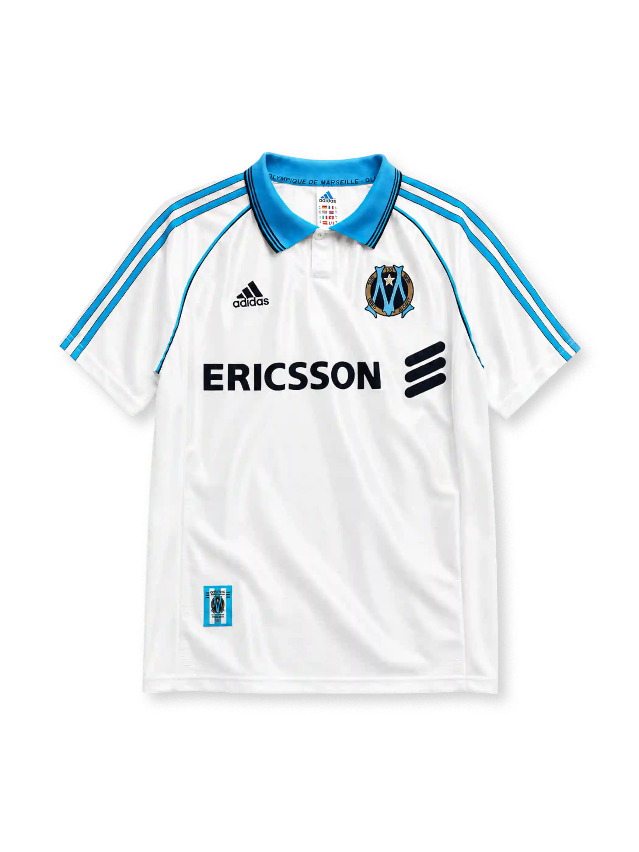 Olympique Marseille 1998/99 home jersey in white with sky blue adidas stripes and Ericsson branding