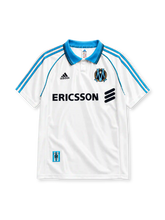 Olympique Marseille 1998/99 home jersey in white with sky blue adidas stripes and Ericsson branding