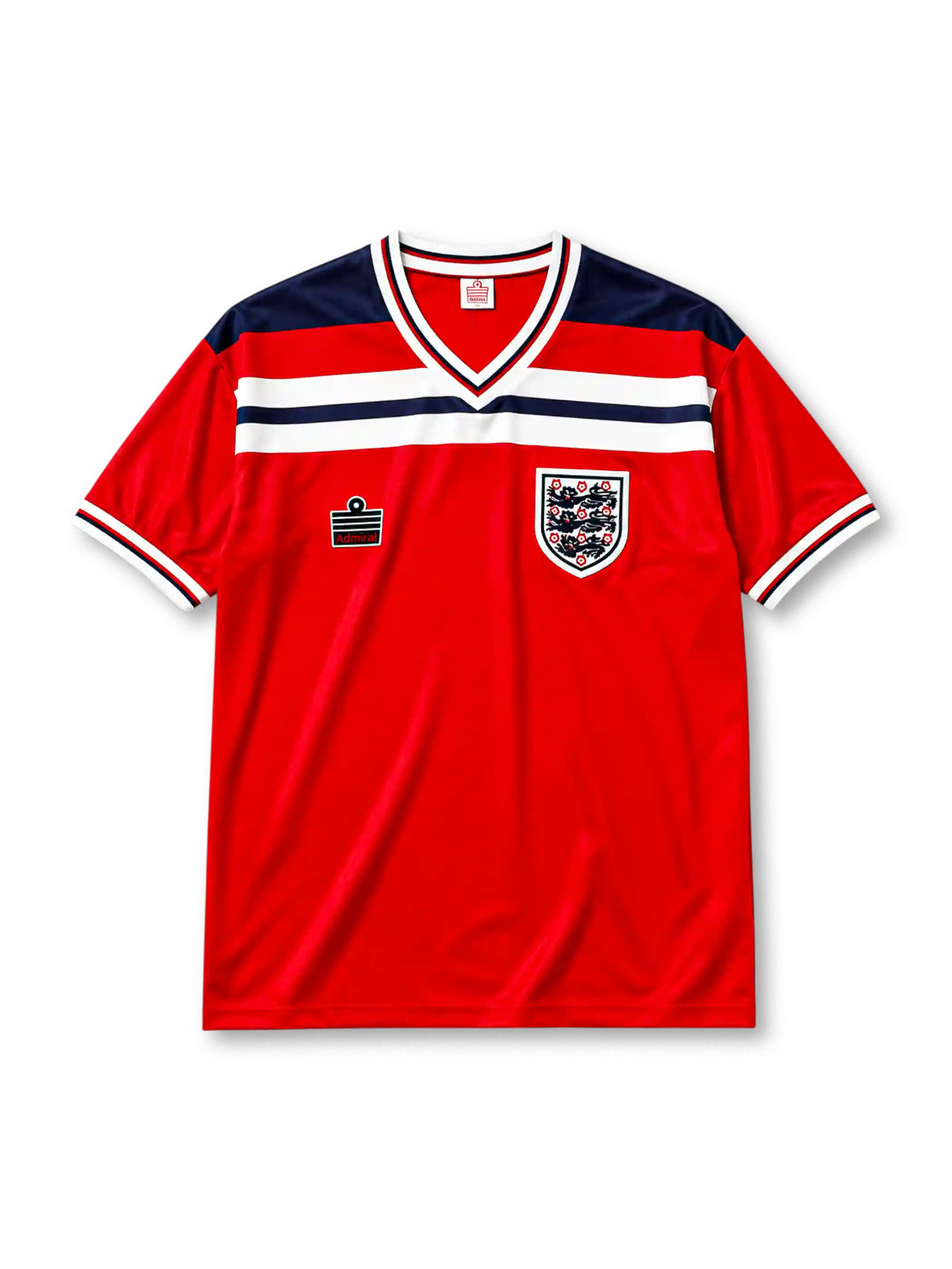 England 1982 World Cup away jersey in red with navy and white chest band and Three Lions crest