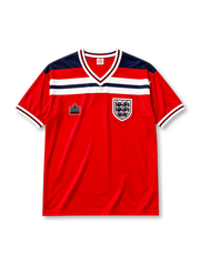 England 1982 World Cup away jersey in red with navy and white chest band and Three Lions crest