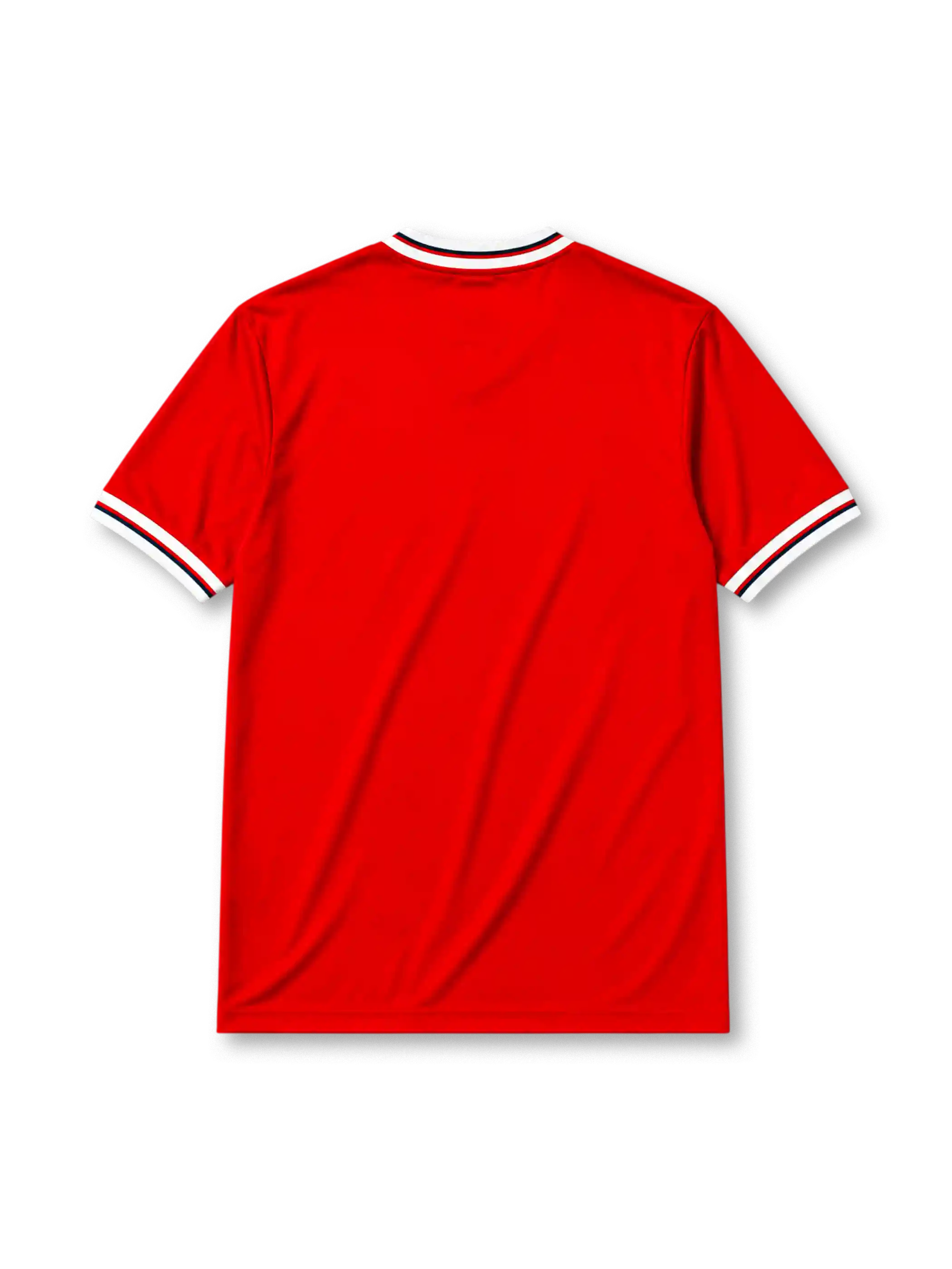 England 1982 World Cup away jersey in red with navy and white chest band and Three Lions crest