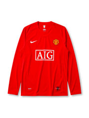 Manchester United 2007/08 home long sleeve league version jersey in red with rounded crest and AIG sponsor branding