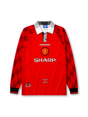 Manchester United 1996/97 home long sleeve jersey in red with diamond sleeve pattern and Sharp branding