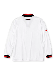 Manchester United 1998/99 away long sleeve jersey in white with black waist stripe and Sharp Viewcam branding