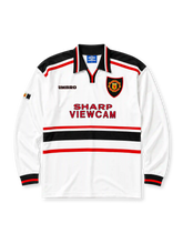 Manchester United 1998/99 away long sleeve jersey in white with black waist stripe and Sharp Viewcam branding