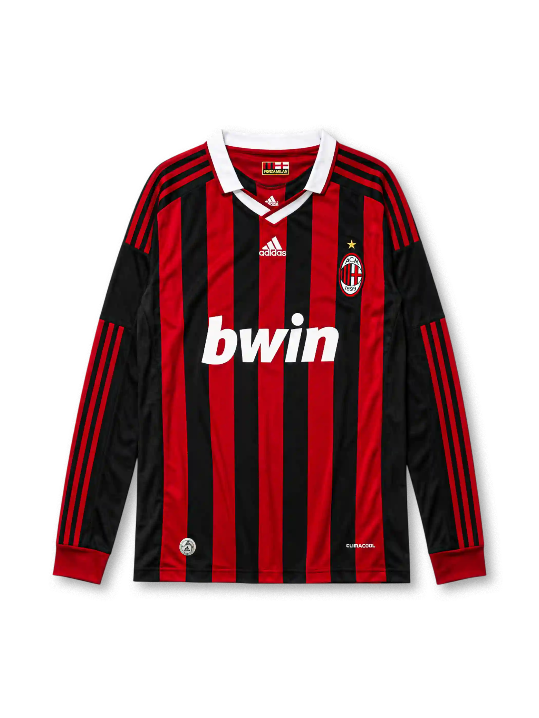 AC Milan 2009/10 home long sleeve jersey in red and black stripes with Forza Milan collar tag and bwin branding