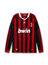 AC Milan 2009/10 home long sleeve jersey in red and black stripes with Forza Milan collar tag and bwin branding