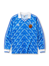 East Germany DDR 1988 home long sleeve jersey with blue geometric fractal print and national emblem