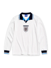 England 1996 home long sleeve jersey in white with navy and sky blue collar trim and Three Lions crest