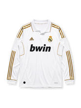 Real Madrid 2011/12 home long sleeve jersey in white with gold adidas stripes and bwin sponsor branding